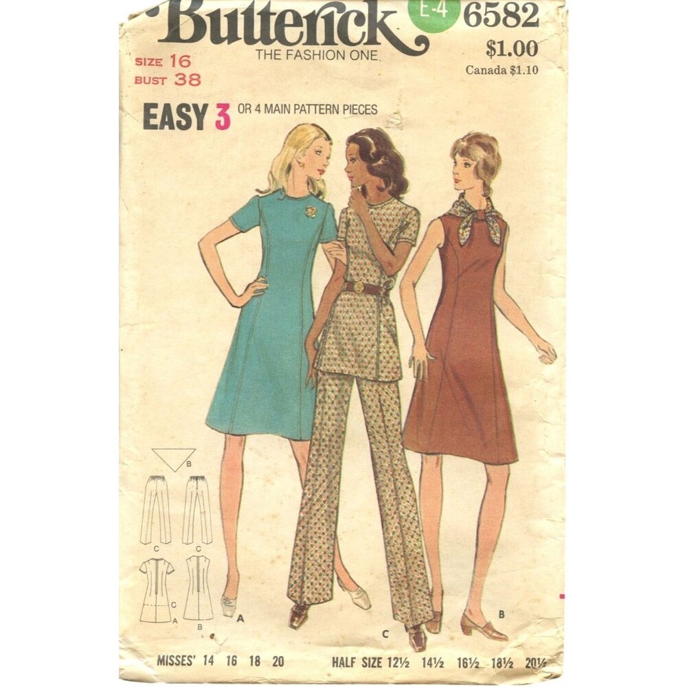 Vintage Butterick 6582 Misses Sewing Pattern Dress Tunic Pants 1970s Fashion